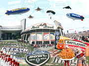 Collage editorial illustration featuring college football bowl game logos, stadiums, blimps, mascots, and sponsor names including Rose Bowl, Cotton Bowl, and Belk Bowl.