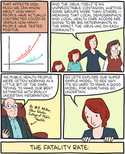 Four-panel editorial comic about COVID-19 fatality rate uncertainty, featuring illustrated characters discussing testing gaps, demographics, and modeling challenges.