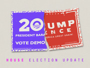 Editorial illustration showing two torn political campaign signs, one blue Obama-era Democratic sign and one red Trump-Pence 2016 sign, above the text House Election Update.