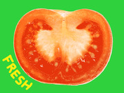 A cross-section of a tomato on a bright green background with the word FRESH in yellow text at the lower left.