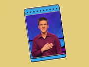Editorial illustration of a Jeopardy contestant depicted as a trading card with a blue star-bordered frame on a yellow background.