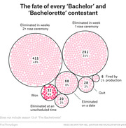 Bubble chart showing the fate of every Bachelor and Bachelorette contestant, with circle sizes representing counts across categories like eliminated, won, quit, and fired.