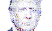 A mosaic portrait of a person's face composed of tiny text fragments, images, and colorful squares arranged to form the silhouette.