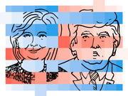 Editorial illustration of Hillary Clinton and Donald Trump rendered in line art overlaid with a grid of blue and red squares suggesting polling or electoral data.