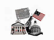Editorial collage illustration featuring a revolver, bullet-riddled US Constitution and American flag, and two state capitol buildings, commenting on gun legislation.