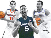 Editorial illustration of three college basketball players in Virginia, Xavier, and Villanova uniforms posed against a white background.