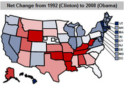 US choropleth map showing net partisan change from 1992 Clinton election to 2008 Obama election by state, with blue indicating Democratic shift and red Republican shift.