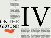 Editorial layout graphic showing large Roman numeral IV with decorative red brushstroke and section heading ON THE GROUND from a FiveThirtyEight article about Clinton's 70% election chances.