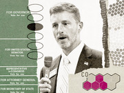 Editorial collage illustration showing a politician speaking into a microphone overlaid with a ballot, dot patterns, and a hexagonal CO molecule graphic.
