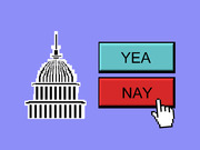 Pixel-art style illustration of the US Capitol building beside two voting buttons labeled YEA and NAY with a cursor clicking NAY.