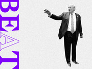 Editorial illustration showing a black-and-white cutout of a man in a suit gesturing, alongside large purple bold letters spelling BEAK on the left side.