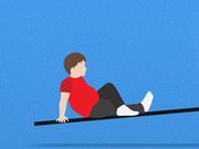 Flat vector illustration of a child in a red shirt sitting on a slanted black line against a blue background.