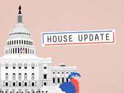 Editorial illustration of the US Capitol building with an American flag and a House Update label framed in blue and red lines on a pink background.