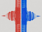 Editorial illustration showing two U.S. Capitol buildings facing each other, one tinted red and one blue, on a grid background symbolizing political division.