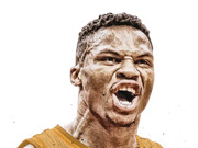 Stylized editorial illustration of a basketball player in a gold jersey shouting with mouth open, rendered in a grainy duotone style on white background.