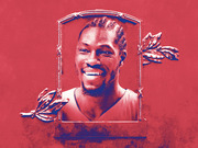 Red-toned editorial illustration of a smiling basketball player framed in an ornate trophy-style frame with laurel leaf decorations.