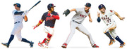 Cutout illustrations of four MLB baseball players in action poses wearing Yankees, Indians, Red Sox, and Astros uniforms.
