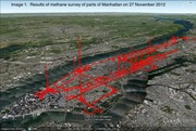 Google Earth 3D aerial view of Manhattan with red lines showing methane survey routes and concentration spikes from November 27, 2012.