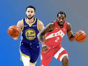 Editorial illustration of two NBA players, one in a Golden State Warriors jersey number 30 and one in a Toronto Raptors jersey number 2, each holding a basketball.