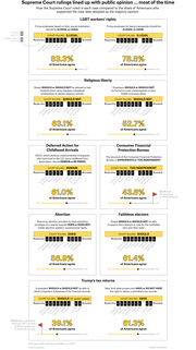 Infographic showing how Supreme Court 2020 rulings aligned with public opinion across cases including LGBT rights, religious liberty, DACA, abortion, faithless electors, and Trump's tax returns.