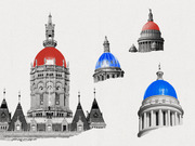 Editorial collage of four state capitol building domes colored red or blue in grayscale cutout style, representing Republican and Democratic political control.