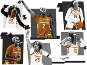 Editorial collage illustration of Tennessee Volunteers women's basketball players and mascot in orange and white uniforms with numbers 2, 4, 14, 15, and 25.