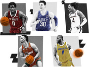 Editorial collage illustration of five college basketball players in uniforms from NC State, Duke, Virginia, Miami, and Pittsburgh Panthers.