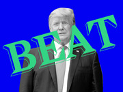Black-and-white photo of Donald Trump on a blue background with the word BEAT in large green block letters overlaid across his torso.