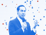 Blue-tinted editorial illustration of a man in a suit speaking into a microphone, surrounded by red and blue stars on a grid background.