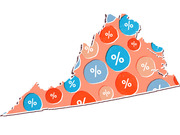 Illustrated outline of Virginia filled with colorful circles showing percentage symbols in red, blue, and beige tones, suggesting electoral or demographic data.