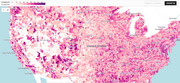 Choropleth map of the United States showing average commute times in minutes by county, shaded from light pink (short commutes) to dark purple (long commutes).