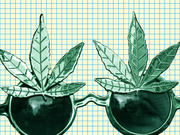 Editorial illustration of novelty sunglasses shaped like cannabis leaves against a graph-paper background, rendered in green tones.
