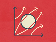 Editorial illustration showing a baseball overlaid on a chart with upward-trending arrows on a red background, suggesting rising baseball statistics.
