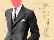 Editorial collage showing a headless man in a pinstripe suit alongside a vintage anatomical body proportion diagram with labeled measurement points.