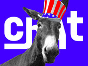 Editorial illustration of a donkey wearing a patriotic Uncle Sam top hat on a purple background with the word 'chat' in large white letters.