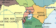Political map of East-Central Africa showing countries including Kenya, Uganda, Burundi, Rwanda, and DRC with capital cities labeled.