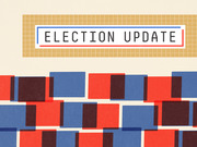 Decorative editorial illustration for FiveThirtyEight's Election Update series featuring red and blue overlapping rectangles and a framed title sign.