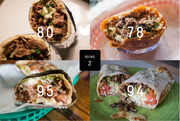 Four burrito photos arranged in a grid with scores 80, 78, 95, and 94 overlaid, labeled Round 2 of a burrito bracket competition.