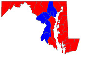County-level map of Maryland showing election results with counties colored red or blue indicating party wins.