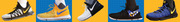 Five Nike KD basketball sneakers displayed side by side against alternating yellow and blue grid backgrounds.