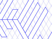 Abstract geometric pattern of blue solid and dashed lines forming interlocking angular shapes and chevrons on a white background.