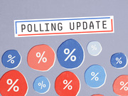 Decorative editorial illustration for a FiveThirtyEight polling update feature, showing red and blue circles with percent signs on a gray background.