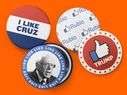 Four illustrated political campaign buttons for Cruz, Rubio, Bernie Sanders, and Trump, styled with social media like themes on an orange background.