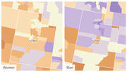 Side-by-side county-level choropleth maps of the Utah region comparing data for Women and Men, with counties shaded in orange and purple hues.