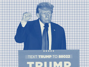 Blue-tinted editorial photo illustration of Donald Trump at a campaign podium with a raised fist, set against a grid background.