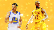 Editorial illustration of two NBA players in Golden State Warriors and Cleveland Cavaliers uniforms against a golden bokeh background.