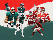Editorial collage illustration of Philadelphia Eagles and Kansas City Chiefs NFL players facing off, with team colors green and red on a graphic background.