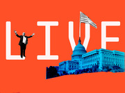 Editorial collage graphic with the word LIVE on an orange background, featuring a figure with arms raised and a blue-tinted US Capitol building with an American flag.