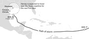 Map showing Hurricane Harvey's path from Aug. 17 across the Gulf of Mexico to the Texas coast near Corpus Christi on Aug. 25, with a dashed circle indicating it would hover over the coastline for five days.