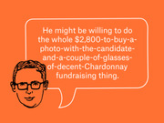 Editorial illustration of a cartoon man with glasses and a speech bubble quoting a line about a $2,800 campaign fundraising event with Chardonnay.
